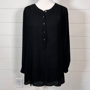 CeCe Black Semi Sheer Long Sleeve Button Down Tunic Top Size M